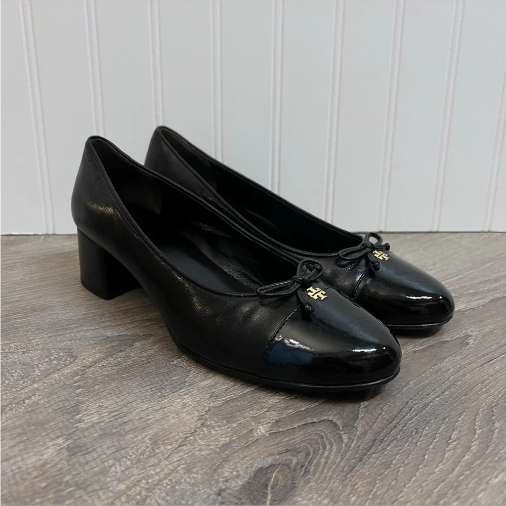 TORY BURCH Mixed Black Leather Cap-Toe Ballerina Block Pumps Size 7 - Picture 4 of 14